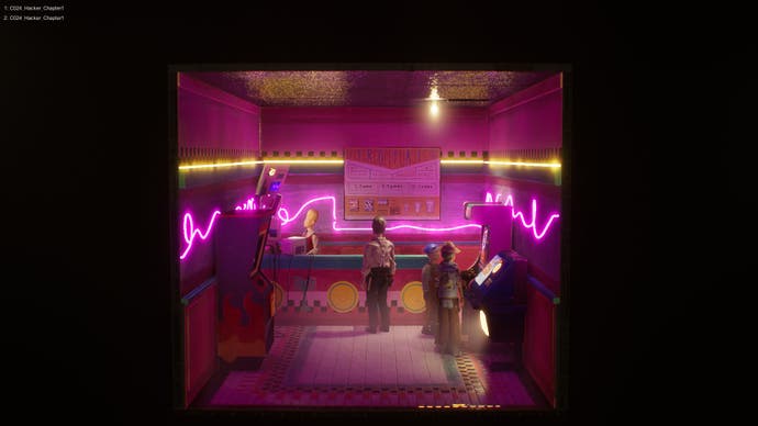Screenshot von Harold Halibut, der Harold in einem neonpinken Spielhallenladen zeigt
