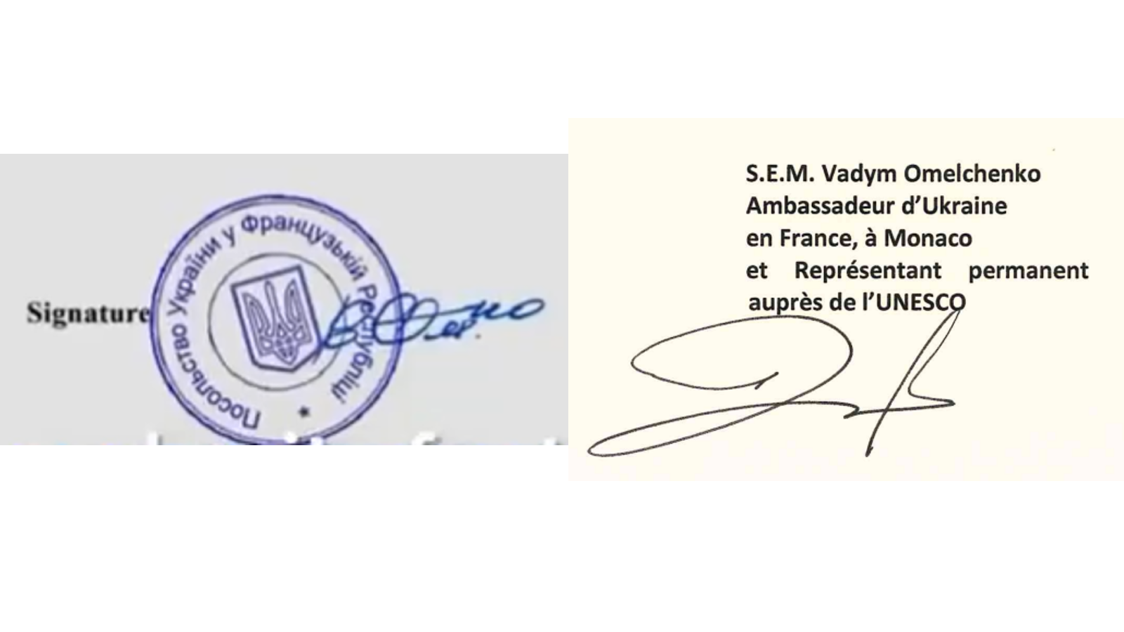 Auf der linken Seite sehen Sie die Unterschrift, die auf dem im viralen Video gezeigten Brief erscheint.  Rechts sehen Sie die echte Unterschrift des ukrainischen Botschafters in Frankreich, Vadym Omelchenko, auf einem Dankesbrief, den er an die Stadtregierung des Pariser Vororts Neuilly schrieb.