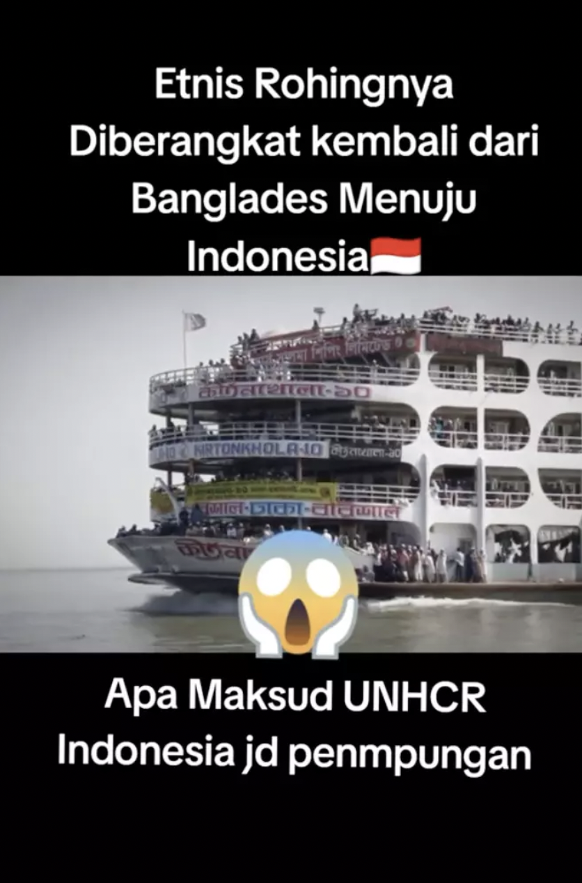 Dies ist ein Screenshot eines auf TikTok veröffentlichten Videos, das angeblich ein Boot voller Rohingya-Flüchtlinge zeigt, die Bangladesch in Richtung Indonesien verlassen haben.