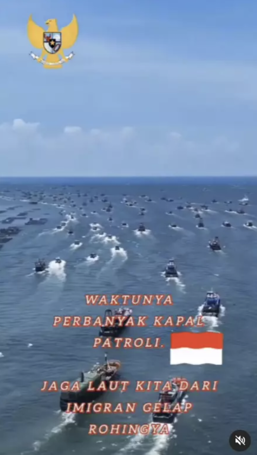 Dies ist ein Screenshot eines auf TikTok geposteten Videos, das Boote voller Rohingya auf dem Weg nach Indonesien zeigen soll.  „Schützen Sie unsere Meere vor illegalen Rohingya-Flüchtlingen“, heißt es im Text.