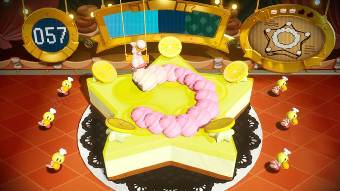 Princess Peach: Showtime-Screenshot, der ein Back-Minispiel zeigt, bei dem Sahne auf einen Kuchen fällt.