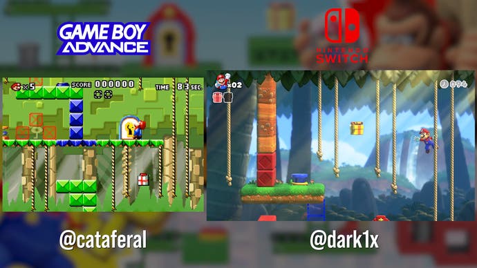 Vergleichs-Screenshots von Game Boy Advance vs. Switch Mario vs. Donkey Kong, die eine Dschungelbühne zeigen