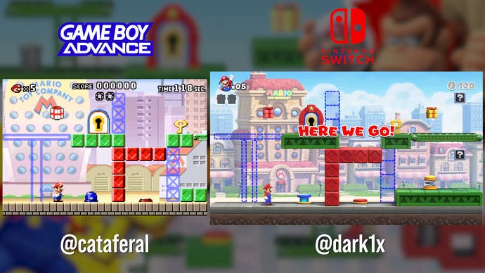 Vergleichs-Screenshots von Game Boy Advance vs. Switch Mario vs. Donkey Kong, die das Gameplay zeigen