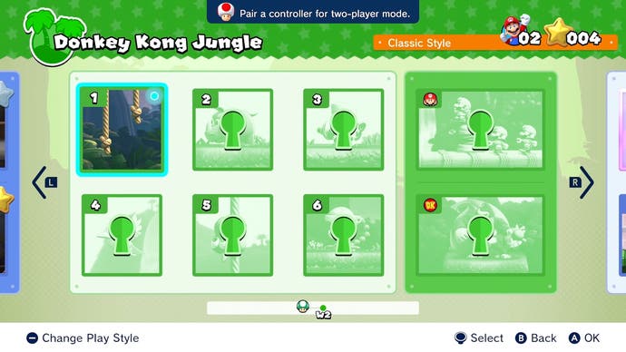 Vergleichs-Screenshots von Switch Mario vs. Donkey Kong, die die Level-Auswahloberfläche zeigen