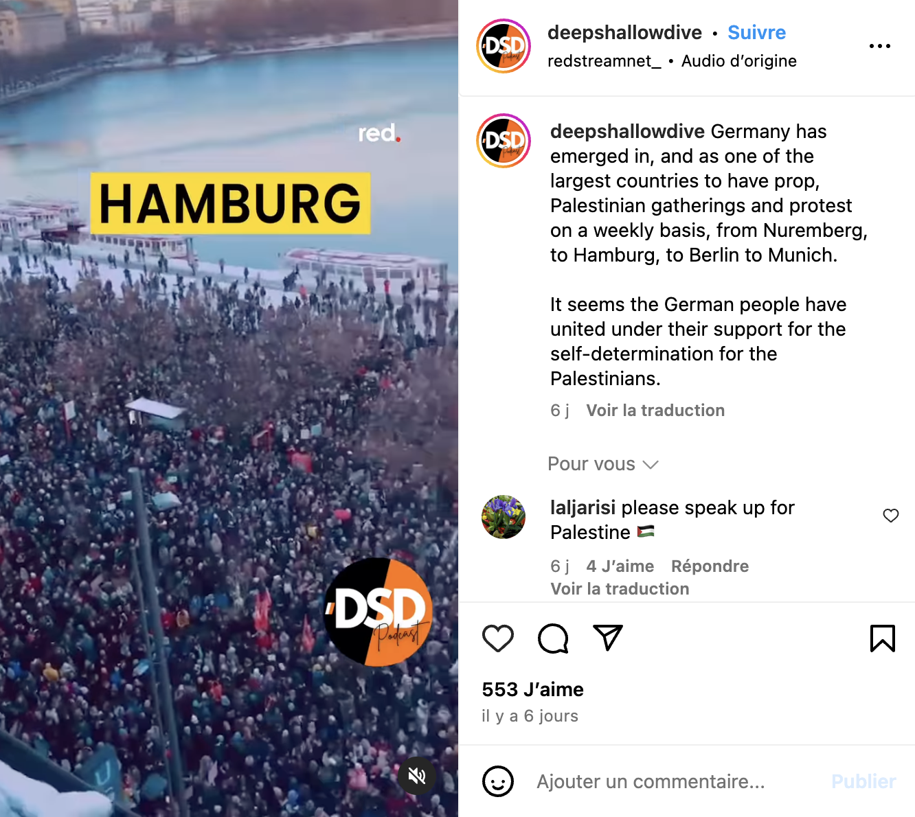 Dies ist ein Screenshot eines Instagram-Posts, in dem fälschlicherweise behauptet wird, dass die im Filmmaterial gezeigten Proteste zur Unterstützung der Palästinenser stattfanden.
