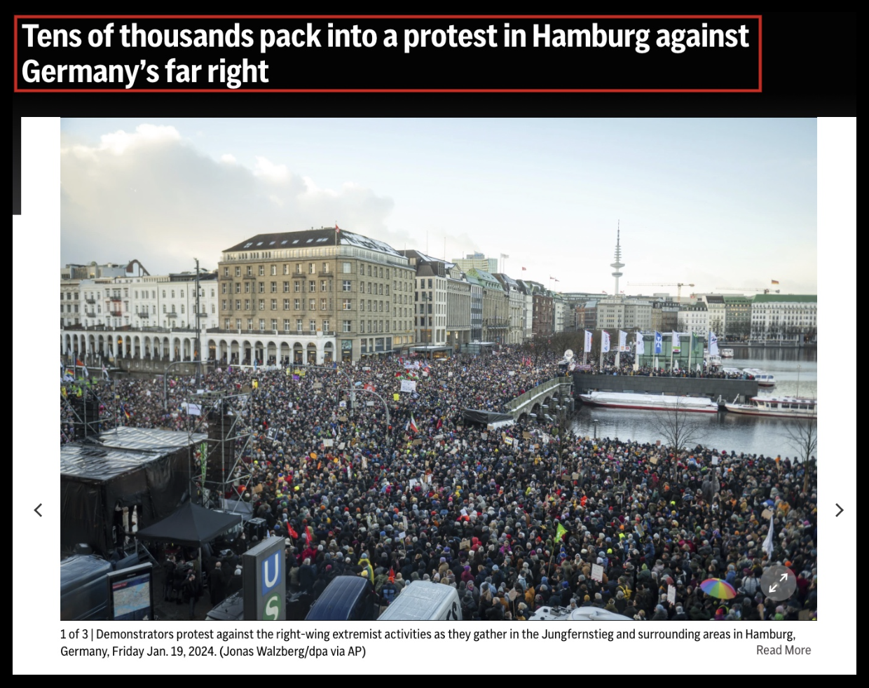 Dies ist ein Screenshot des Titelbilds eines Associated Press-Artikels, der Demonstrationen zum Protest gegen die deutsche Rechtsextreme zeigt.