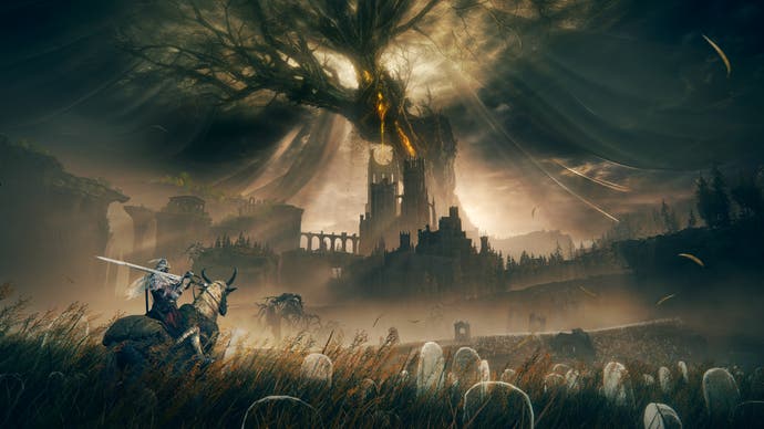 Der Spielercharakter von Elden Ring reitet reißend durch ein Feld aus gespenstischen Grabsteinen mit einem riesigen, gelb weinenden Baum im Hintergrund