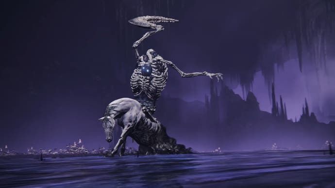Skelett reitet auf einem weißen Pferd auf einem lila See