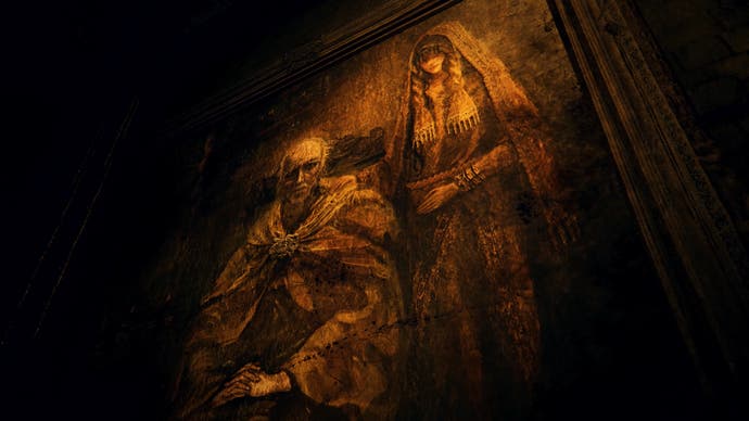 Altes Porträtgemälde mit sitzendem alten Mann und Frau in Umhang, deren Kopftuch ihren Bauch hält