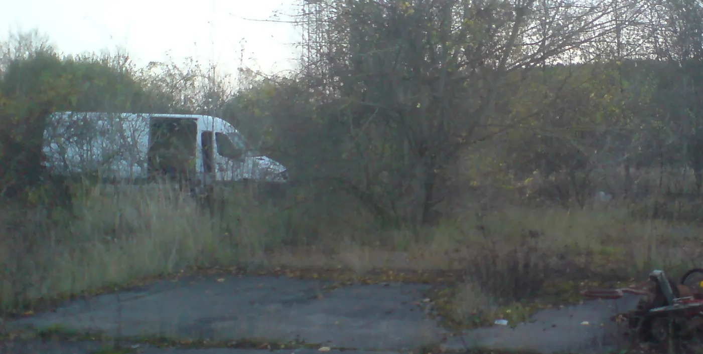 Unser exklusives Bild zeigt einen weißen Mercedes Sprinter, der auf einem gruseligen Waldgrundstück geparkt ist, das er später gekauft hat