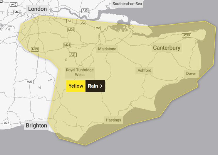 Für Südlondon, Kent, Dover und Hastings gilt eine der Warnungen, die von Sonntag 15 Uhr bis Montag 9 Uhr gilt