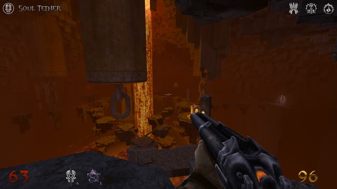 Ein Screenshot von Wrath: Aeon of Ruin, der den Spieler zeigt, wie er in eine riesige Basalthöhle blickt, mit bröckelnden Felsplattformen, die über einem riesigen Lavakessel schweben.