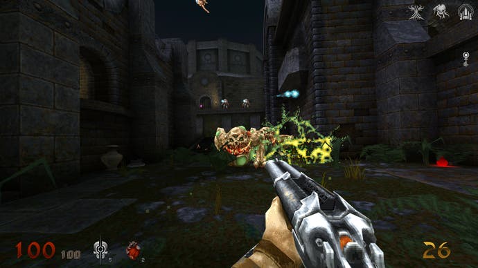 Ein Screenshot von Wrath: Aeon of Ruin, der den Spieler zeigt, wie er in einem von großen Steinmauern umgebenen Gartenhain gegen riesige krötenähnliche Monster kämpft.
