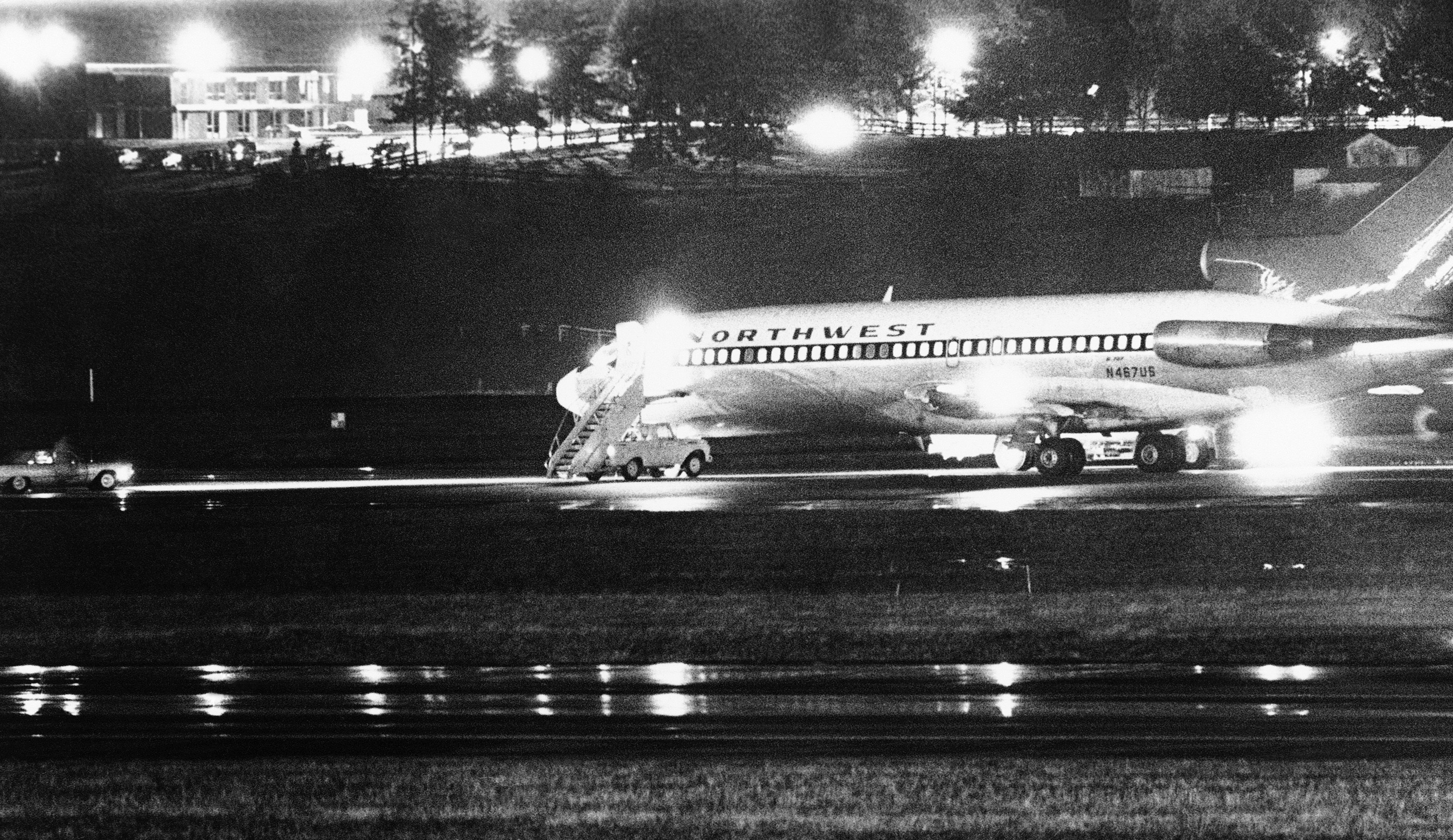 Cooper's hijacked Northwest Airlines jetliner is seen refueling at Seattle-Tacoma International Airport, November 25, 1971