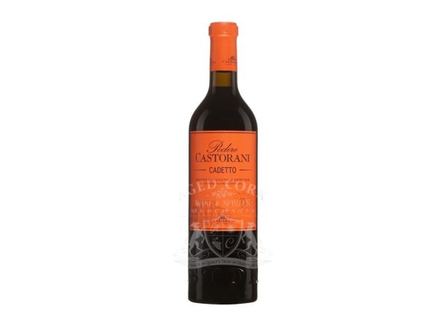 Flasche Wein mit orangefarbenem Etikett auf weißem Hintergrund 