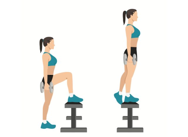 Kurzhantel-Step-Ups-Übung, zusammengesetzte Übungen für Frauen, um schlank zu werden
