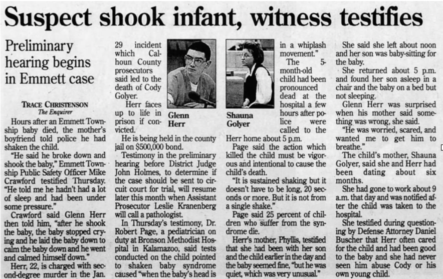 A newspaper clipping from the case details the final moments of baby Cody's life