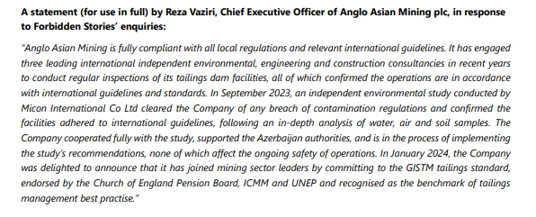 Statement from Anglo Asian Mining provided to the Forbidden Stories consortium.  © Anglo Asian Mining