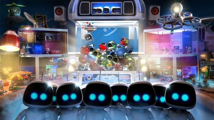 Das Playroom VR mit mehreren Astrobot-Charakteren vor einem Minispiel-Hintergrund