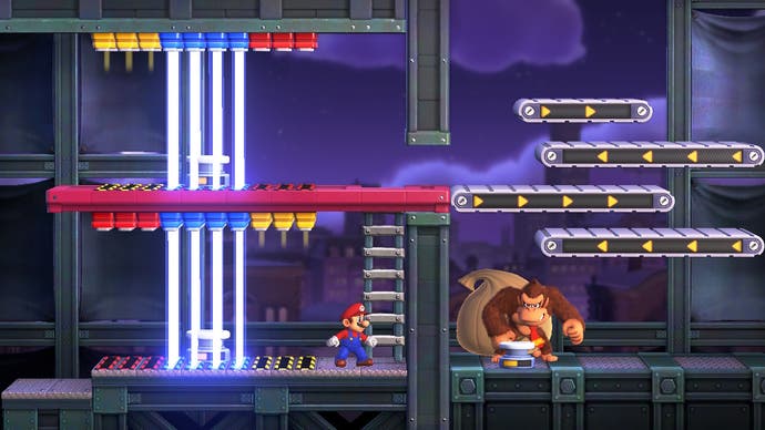 Mario trifft in einem Bosskampf mit Lasertoren auf Donkey Kong