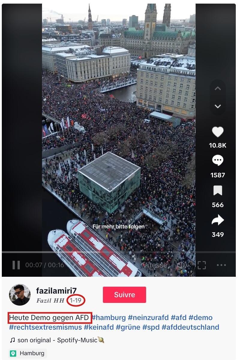 Dies ist ein Screenshot eines TikTok-Beitrags vom 19. Januar 2024, der Aufnahmen von Protesten in Hamburg zeigt und erklärt, dass Menschen gegen die AfD demonstrierten.  Wir haben einige Sätze und Daten rot eingekreist.