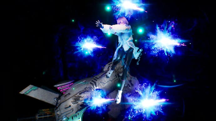 Die weibliche Anime-Figur AI Magus beschwört blaue Laserkugeln neben einem zweibeinigen Mech