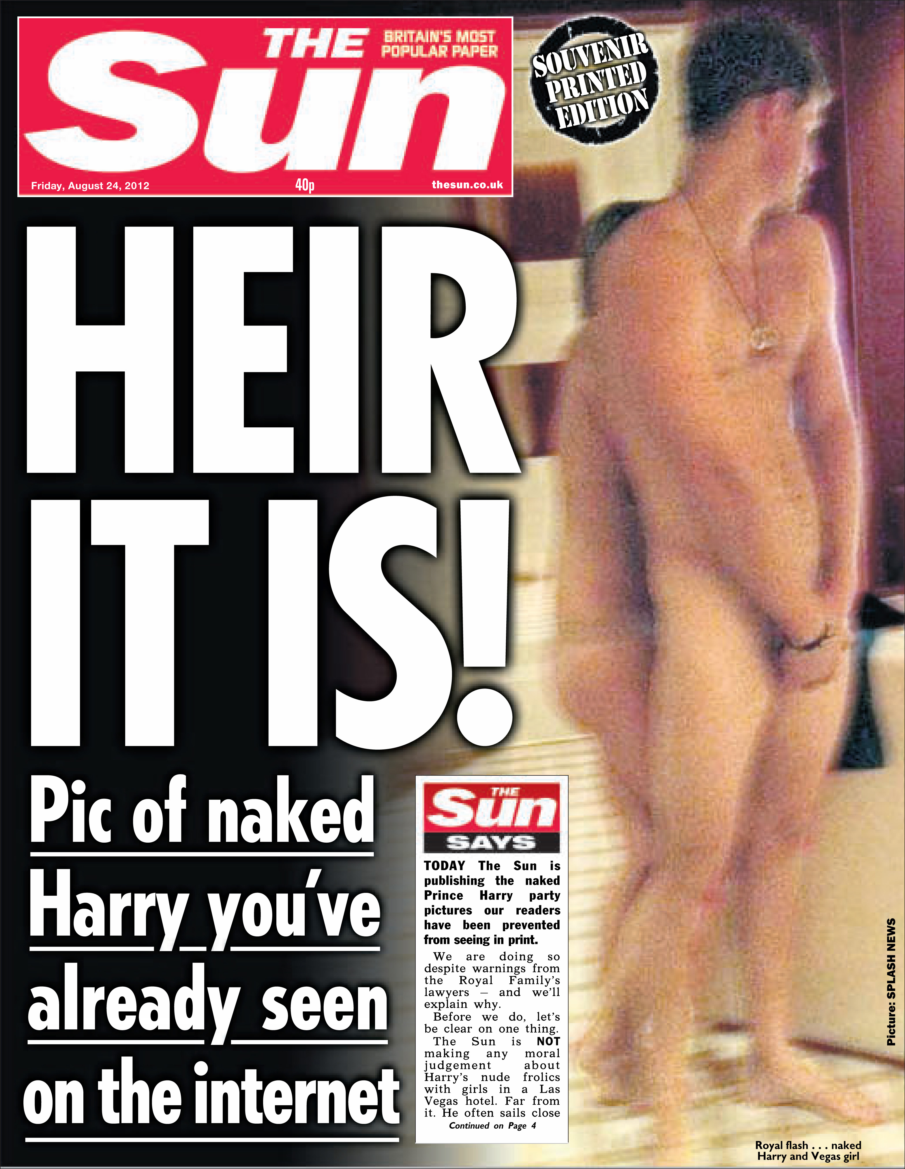 Fotos von einem nackten Harry, der von einer spärlich bekleideten Frau umarmt wird, wurden 2012 in The Sun veröffentlicht