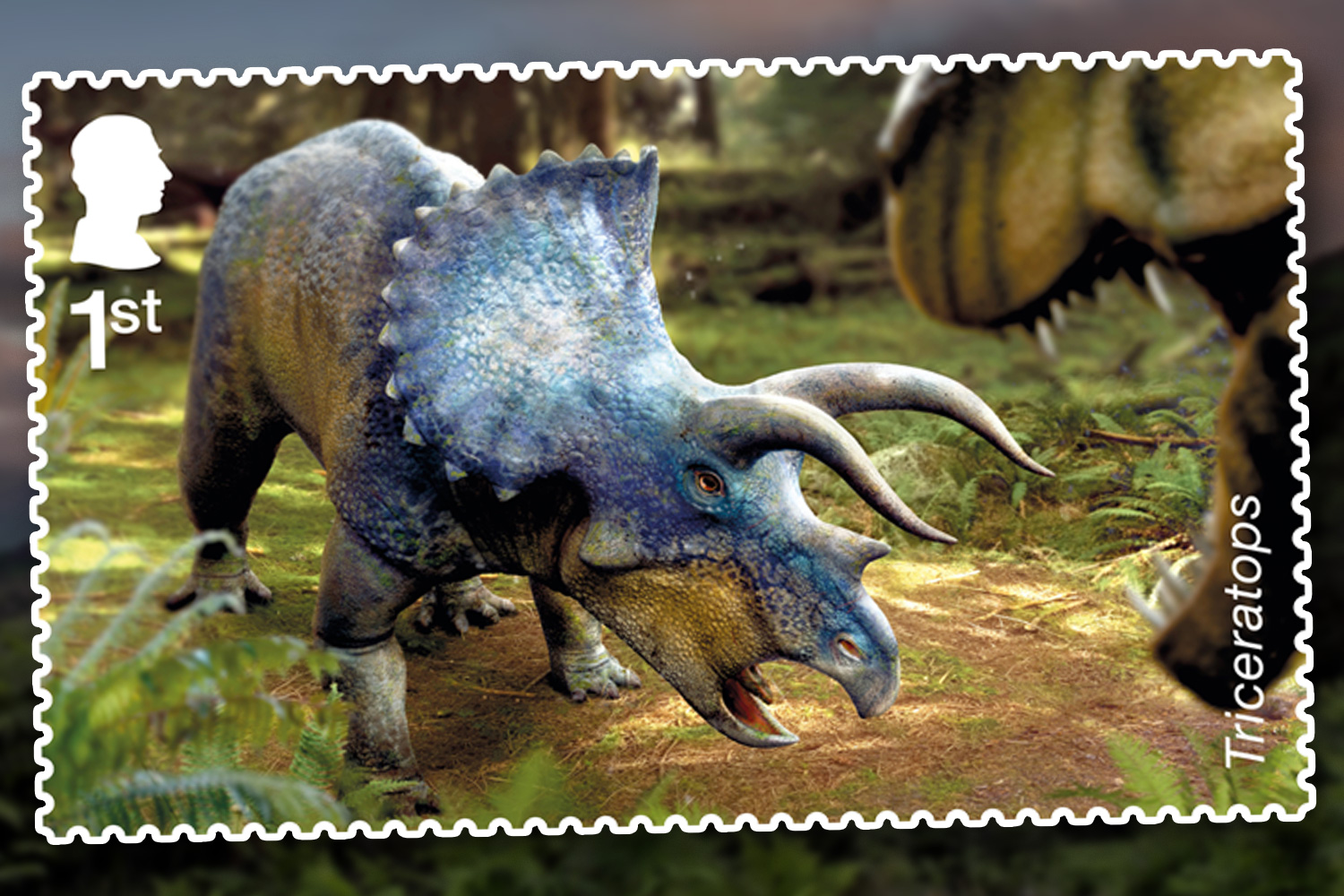Auf einer der Briefmarken ist ein Triceratops abgebildet
