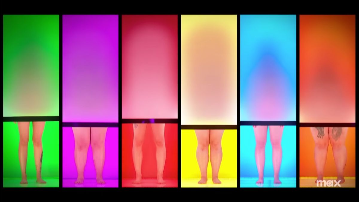 Ein Mann oder eine Frau (vollständig bekleidet) wählt aus sechs nackten Hoffnungsträgern aus, die in verschiedenfarbigen Hülsen verborgen sind