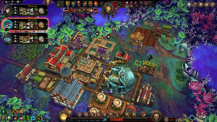Screenshot von Against the Storm, der eine teilweise errichtete Siedlung in einem surrealfarbenen Wald zeigt.