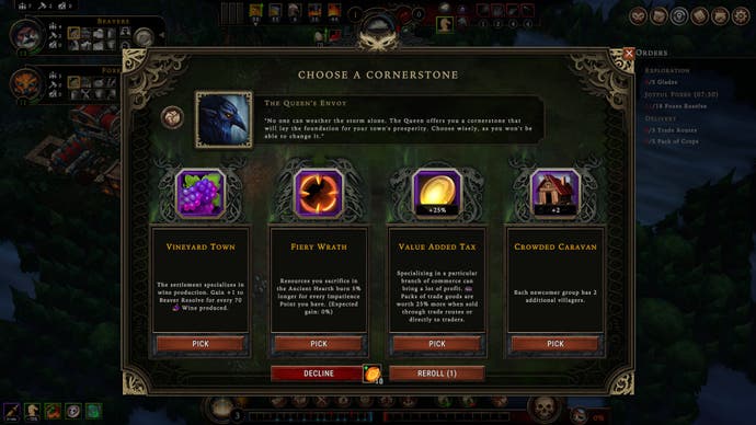 Screenshot von Against the Storm, der eine Auswahl von vier Ecksteinen zeigt, die einzigartige Buffs sind, und die Möglichkeit, sie für Gold erneut zu würfeln oder abzulehnen.
