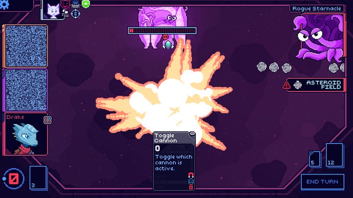 Screenshot von Cobalt Core, der das Schiff des Spielers zeigt, wie es dramatisch explodiert.