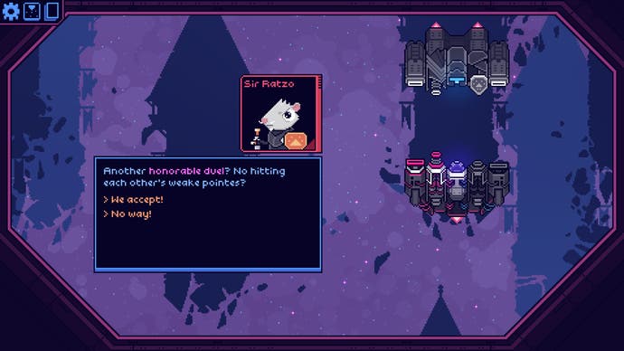 Der Screenshot von Cobalt Core zeigt eine Ratte in Ritterrüstung, die ein ehrenvolles Duell vorschlägt.
