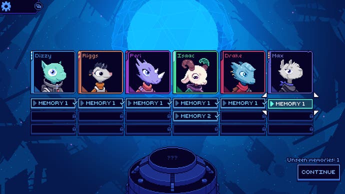 Cobalt Core-Screenshot mit Bildern aller Charaktere des Spiels sowie einer Liste freischaltbarer Zwischensequenzen, jeweils drei.