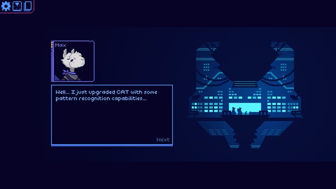 Cobalt Core-Screenshot, der Max, das Lama, zeigt und sich an die Zeit erinnert, als er die CAT-KI so programmierte, dass sie gut in der Mustererkennung war.