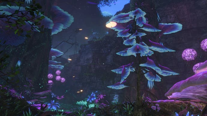 Avatar: Frontiers of Pandora-Screenshot, der eine schillernde Flora zeigt, die geheimnisvoll vor einer dunklen Nacht leuchtet.