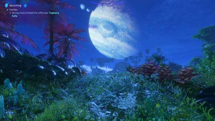 Avatar: Frontiers of Pandora-Screenshot, der eine mondbeschienene Aufnahme der Felsvorsprünge von Pandora zeigt.