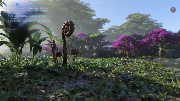 Avatar: Frontiers of Pandora-Screenshot, der seltsame schneckenartige Pflanzenhaufen im Vordergrund zeigt.  Dahinter stehen leuchtend rosa Bäume.