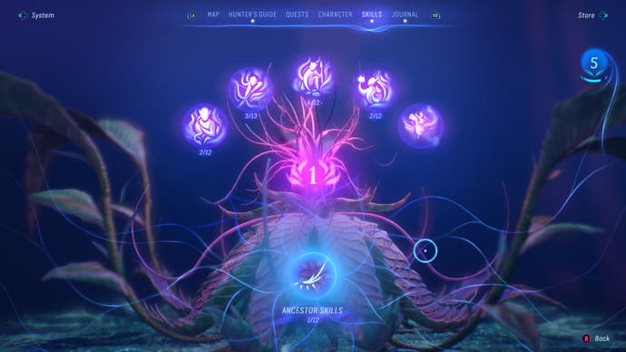 Avatar: Frontiers of Pandora-Screenshot mit einem Blick auf den Fähigkeitsbaum.  Komischerweise handelt es sich dabei um einen echten Baum.