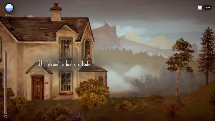 Ein Screenshot von Highland Song, der ein Häuschen und die Worte deiner schreienden Mutter zeigt
