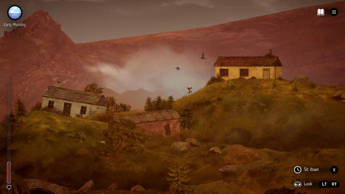 Ein Screenshot von Highland Song zeigt – eine verkleinerte Ansicht von drei zerfallenden Gebäuden mit Moira dazwischen