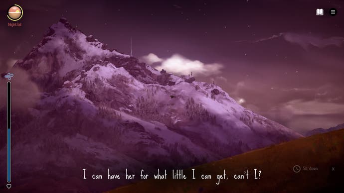 Ein Screenshot von Highland Song, der den Blick auf einen fernen schneebedeckten Berg in einem violetten Dunst zeigt