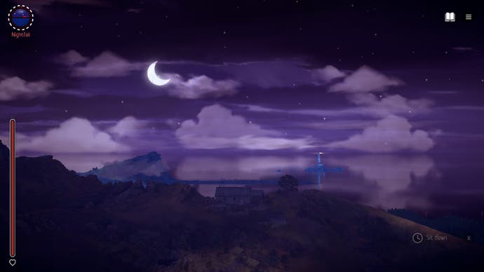 Ein Screenshot von Highland Song, der den Mond in einem tiefvioletten Nachthimmel über schwarz umrandeten Gipfeln zeigt