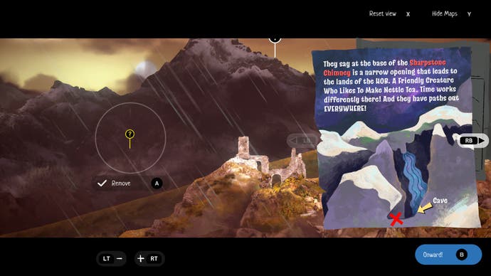 Ein Screenshot von Highland Song zeigt Moira, wie sie nach einem Ort sucht, den sie auf ihrer Karte markieren kann, um einen Hinweis zu finden