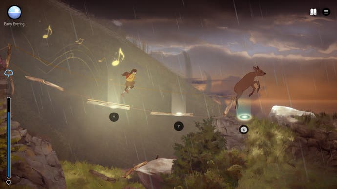 Ein Screenshot von Highland Song, der Moira zeigt, wie sie zu musikalischen Sprungaufforderungen ein Reh jagt