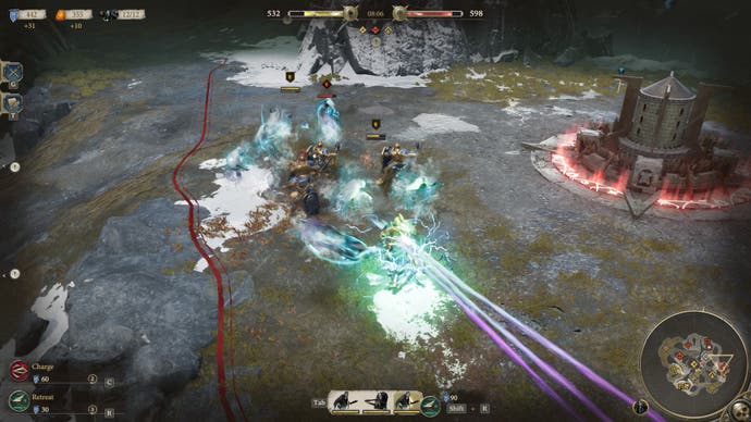 Ein Screenshot von Realms of Ruin, der Stormcast Eternals im Kampf gegen die Mächte des Todes zeigt.  Klassische, schwer gepanzerte Menschen bekämpfen eine umliegende Gruppe geisterhafter Feinde.