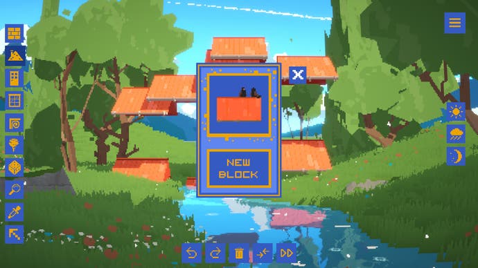 Der Spieler hat in Summerhouse ein neues spielbares Stück freigeschaltet und einen grünen Fluss mit schwebenden Dachteilen übersät.