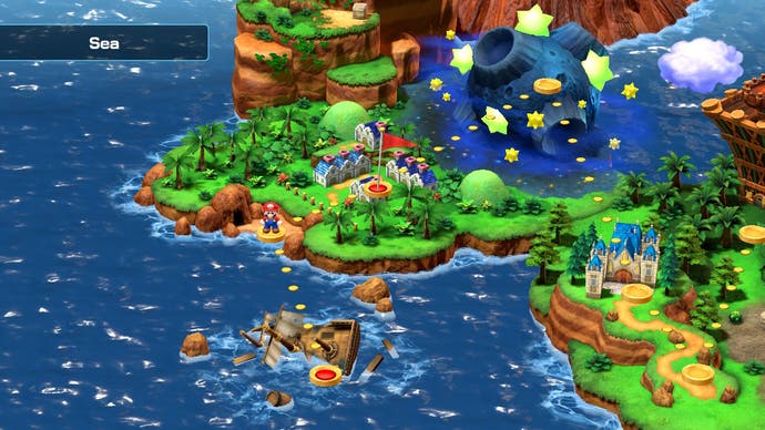 Dies ist ein Bildschirm des Kartenbildschirms aus Super Mario RPG, der einen Küstenabschnitt der Karte mit einem Pfad zwischen Orten zeigt