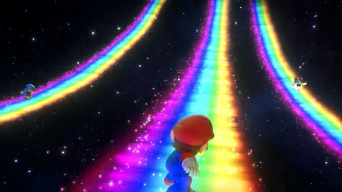 Mario und seine Freunde laufen in diesem Triple-Move-Angriff aus dem Super Mario RPG verschiedene Regenbögen hinauf.