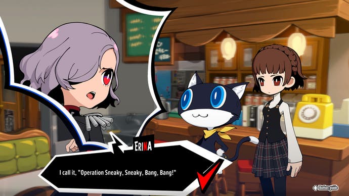 Ein weiterer Gesprächsmoment in Persona 5 Tactica.  Eine Katzenfigur und eine weibliche Figur sprechen in einem Café mit einer grauhaarigen weiblichen Figur – Erin –, deren Gesicht in einer Comic-Box mit gezackten Kanten beleuchtet ist.